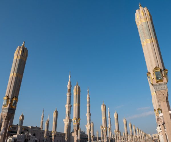 Nabawi mosque with unopened giant canopy  in Medina, Kingdom Saudi Arabia.